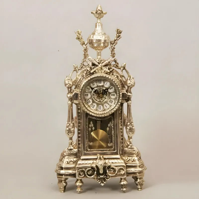 Luxury Silver-Plated Baroque Bronze Table Clock with Urn Finial and Pendulum Front View by Luxury Group International