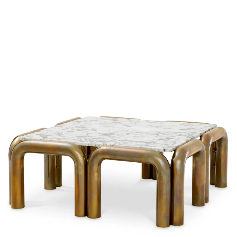 Luxury White Marble Top Square Coffee Table with Bronze Metal Frame - Luxury Hotel Furniture by Luxury Group International