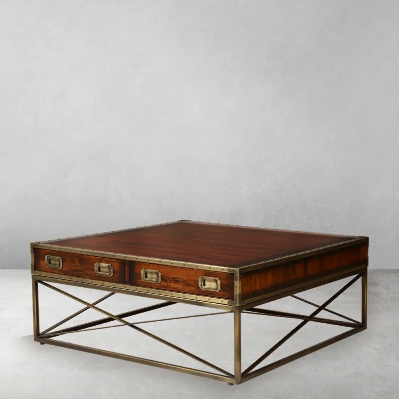 Luxury Square Wooden Coffee Table on Geometric Base with Integrated Drawer Storage Front View by Luxury Group International