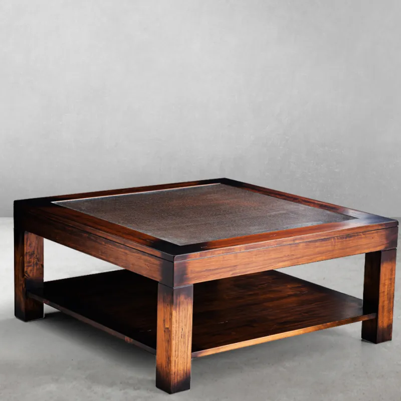 Luxury Square Wooden Coffee Table with Inset Glass Top and Lower Open Shelf - Luxury Coffee Table Front View by Luxury Group International