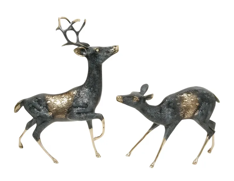 Luxus Hirsch- und Hirschkuh-Bronzeskulpturenpaar mit goldenen Akzenten in handbemaltem Finish Vorderansicht von Luxury Group International