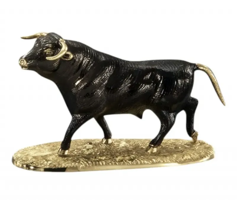 Luxury Standing Bull Bronze Sculpture in Dark Oxidized Finish on Golden Textured Base Front View by Luxury Group International