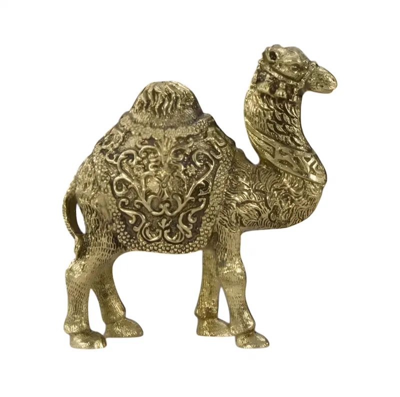 Luxury Standing Camel Golden Bronze Sculpture with Ornamental Saddle Blanket - Luxury Bronze Figure Front View by Luxury Group International