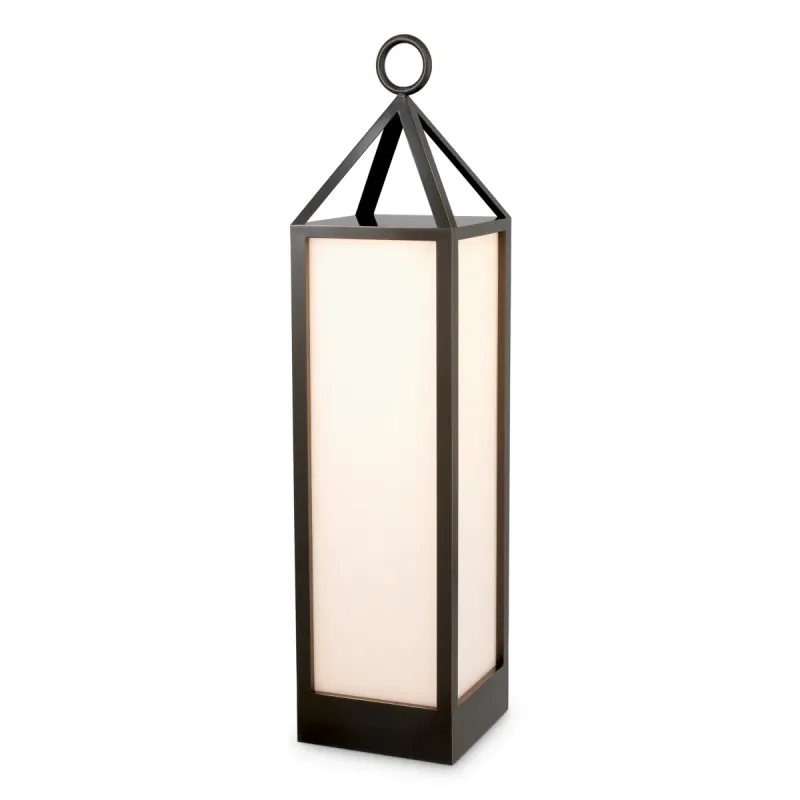 Lanterne extérieure noire haute avec panneaux givrés et poignée anneau - Mobilier hôtelier de luxe Vue de face par Luxury Group International