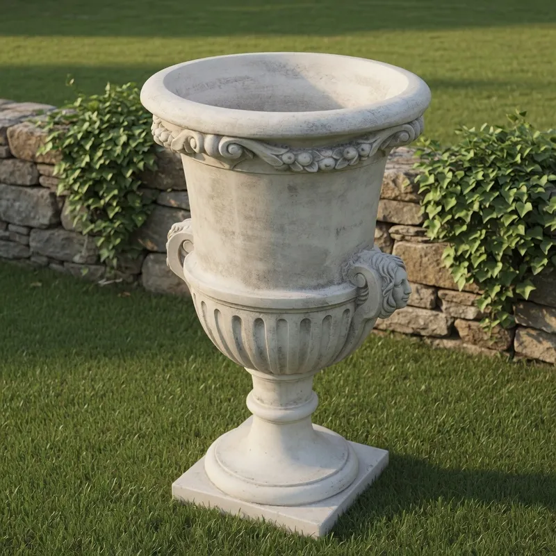 Jardinière urne haute de luxe avec poignées sculptées en forme de visage et relief botanique - Jardinières de luxe Vue de face par Luxury Group International