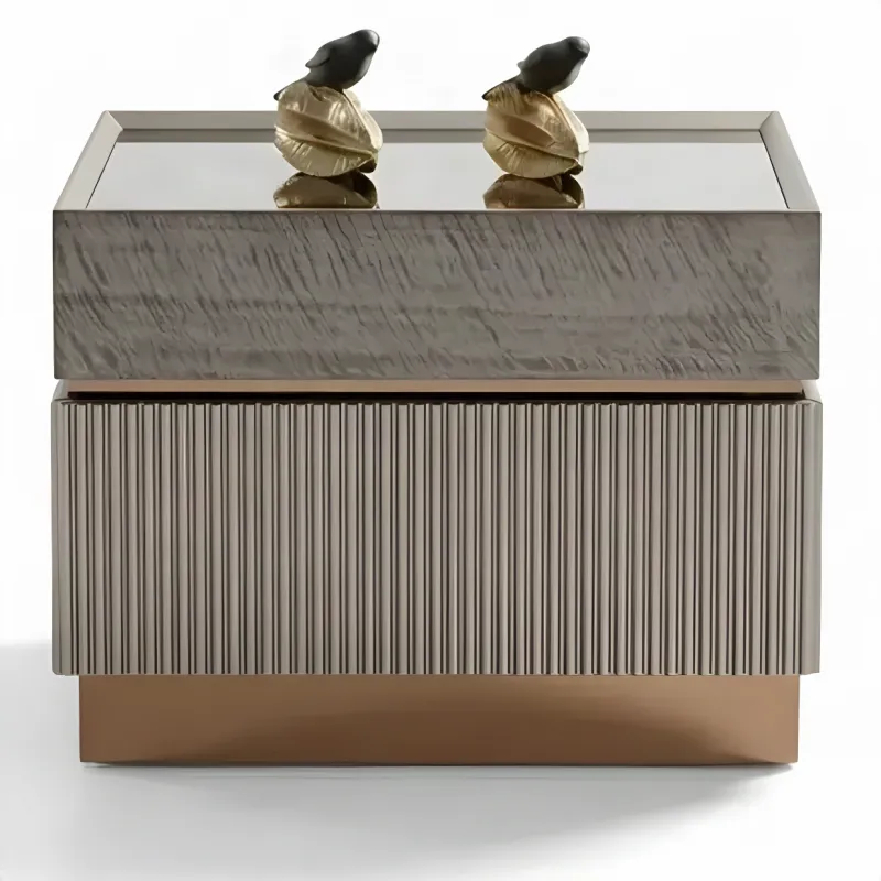 Luxury Taupe and Bronze Nightstand with Smoked Mirror Top - Luxury Nightstand Front View by Luxury Group International
