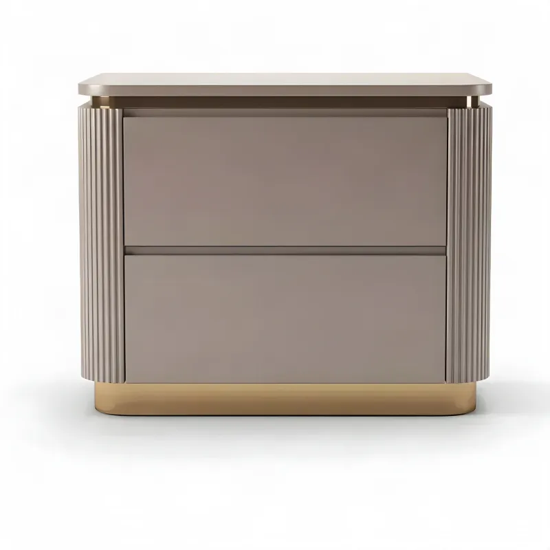 Luxury Taupe Beige Nightstand in Matte Wood with Gold Base and Fluted Sides - Luxury Hotel Furniture Front View by Luxury Group International