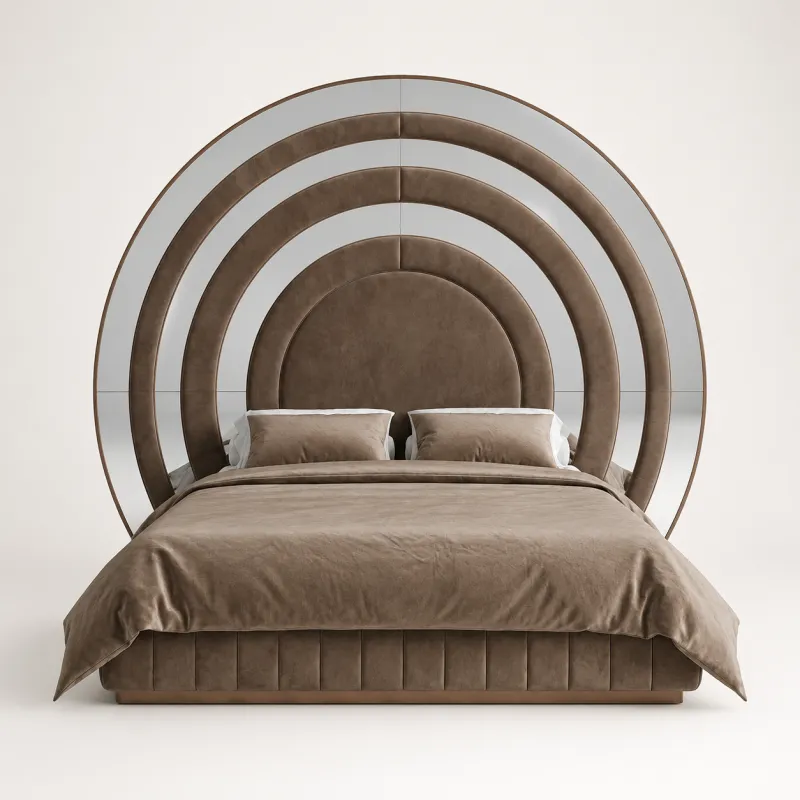 Luxury Taupe Velvet Bed with Concentric Mirrored Headboard - Luxury Bed - Luxury Hotel Furniture Front View by Luxury Group International