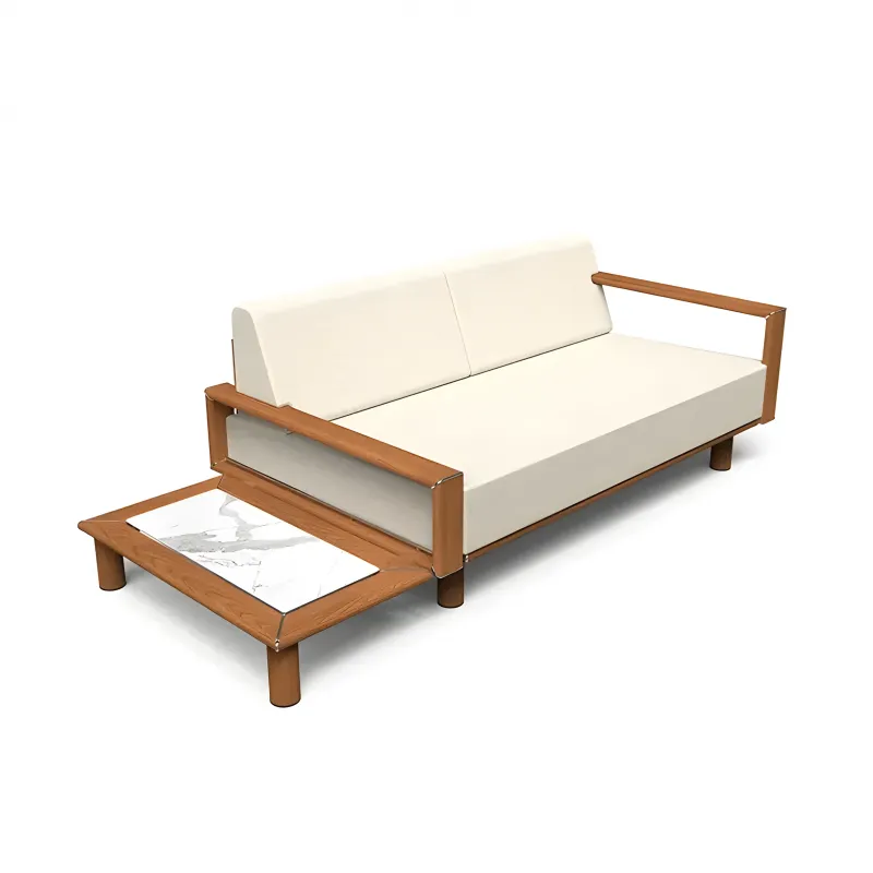 Divano da Esterno di Lusso in Teak a Due Posti con Tavolino Laterale in Marmo Vista frontale di Luxury Group International
