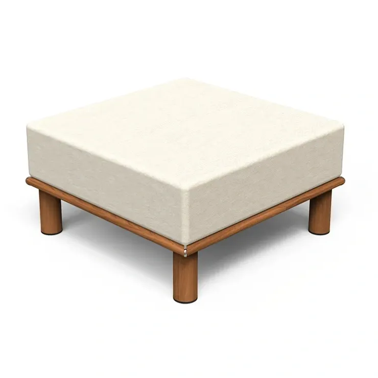 Luxury Teak Wood Outdoor Ottoman with Cream Upholstered Cushion Front View by Luxury Group International