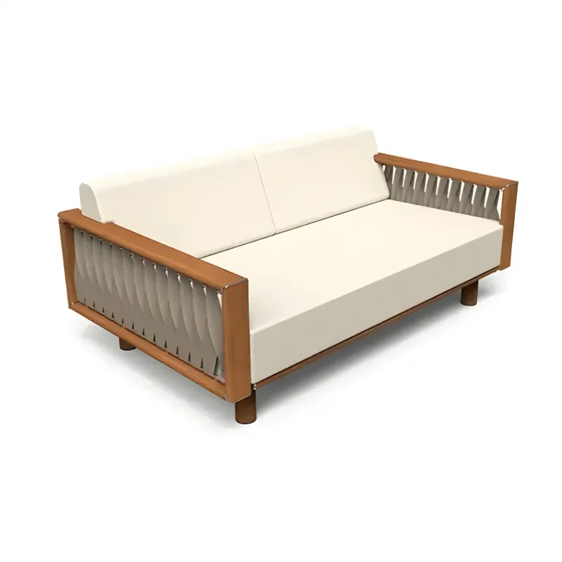 Luxury Teak Wood Outdoor Two-Seater Sofa with Cream Cushions Front View by Luxury Group International