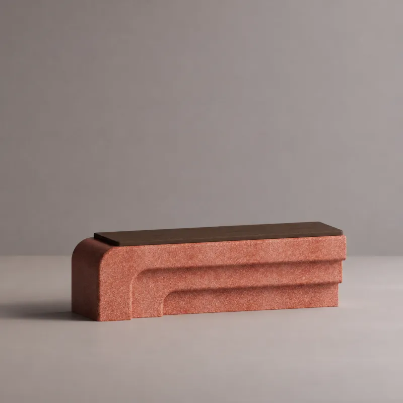 Luxury Terracotta Red Concrete Outdoor Bench with Dark Wood Seat - Outdoor Furniture Front View by Luxury Group International