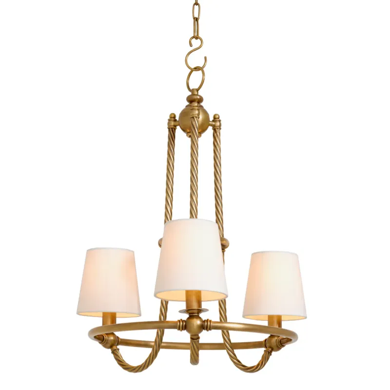 Lussuoso lampadario a tre luci dorato con struttura intrecciata e paralumi in tessuto – 69 cm - Lampadario di lusso Vista frontale di Luxury Group International