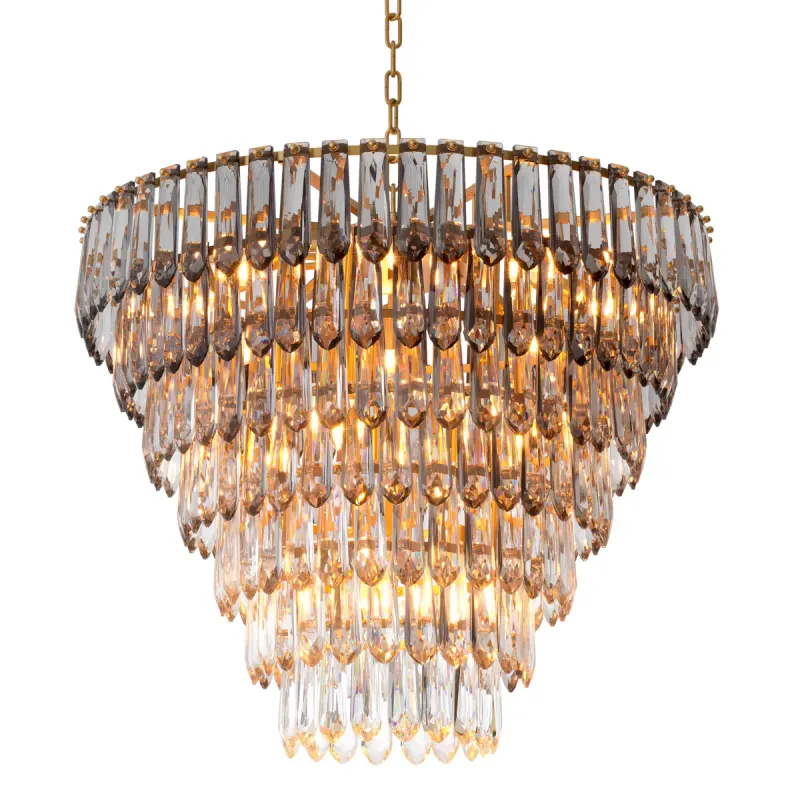 Lussuoso lampadario a cascata in cristallo con cornice dorata e pendenti in vetro sfaccettato – 86 cm - Lampadario di lusso Vista frontale di Luxury Group International