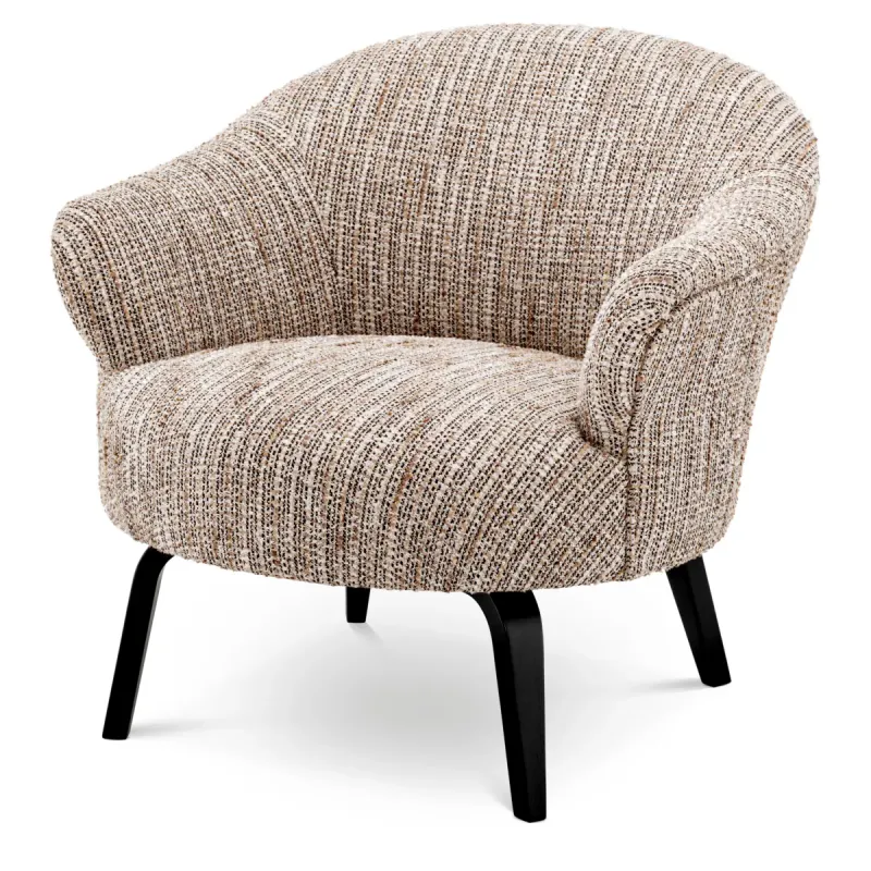 Beige Tweed Luxury Armchair with Curved Backrest and Black Legs - Luxury Hotel Furniture Front View by Luxury Group International