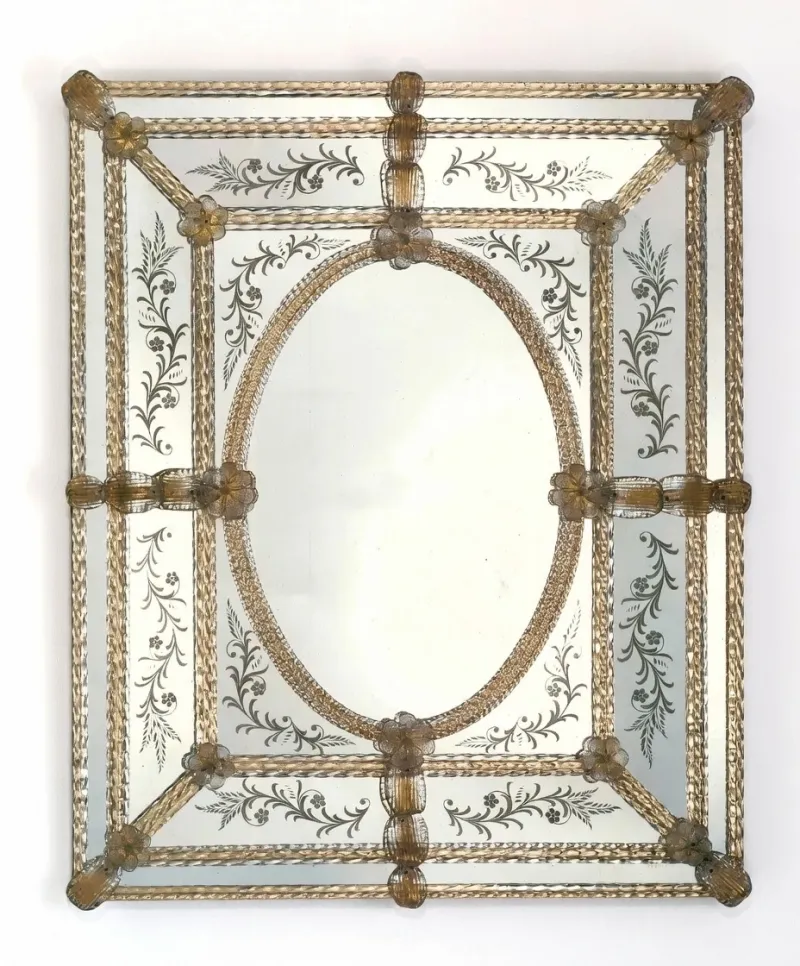 Luxury Venetian Baroque Glass Wall Mirror with Oval Centre and Hand-Etched Floral Frame Front View by Luxury Group International