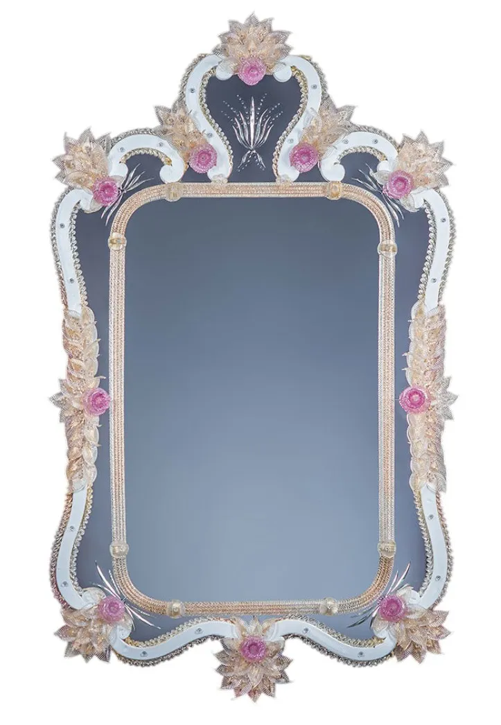 Miroir Mural Baroque Vénitien de Luxe avec Accents Floraux Roses & Couronne en Cadre Verre Ivoire Doré Vue de face par Luxury Group International