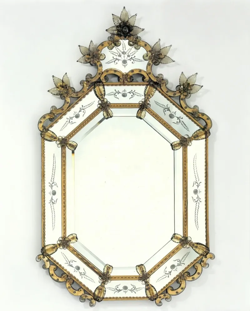 Luxury Venetian Style Baroque Wall Mirror with Antique Gold Etched Glass Frame Front View by Luxury Group International