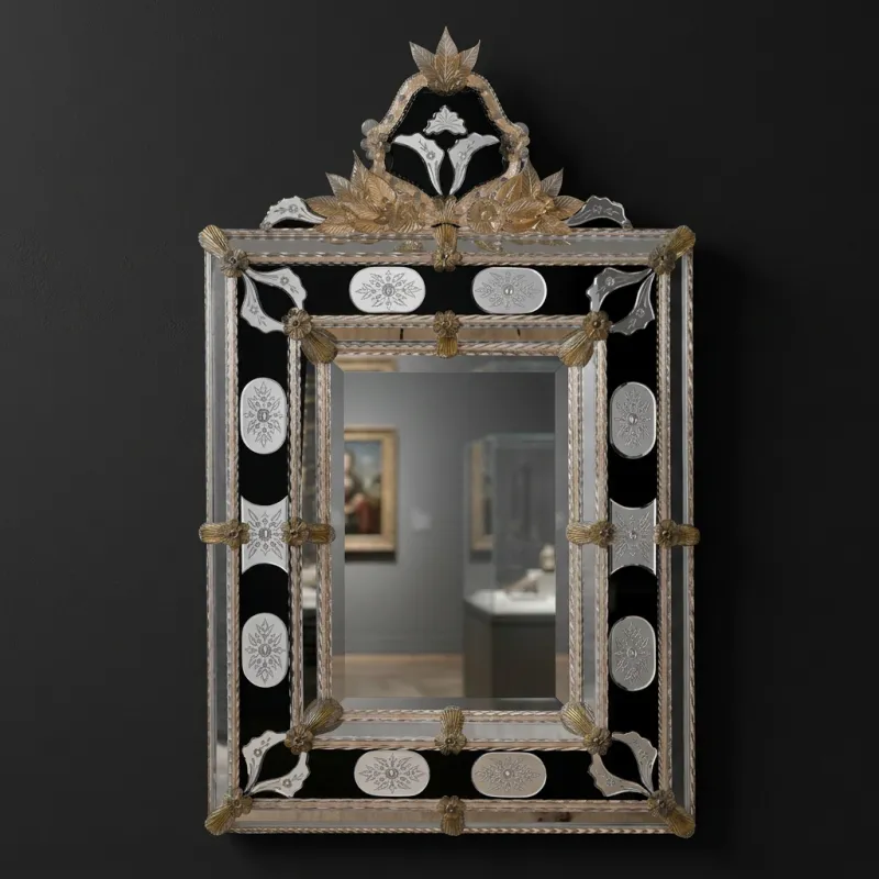 Miroir Mural Baroque de Style Vénitien de Luxe avec Couronne Florale Ornée Noire et Dorée Vue de face par Luxury Group International