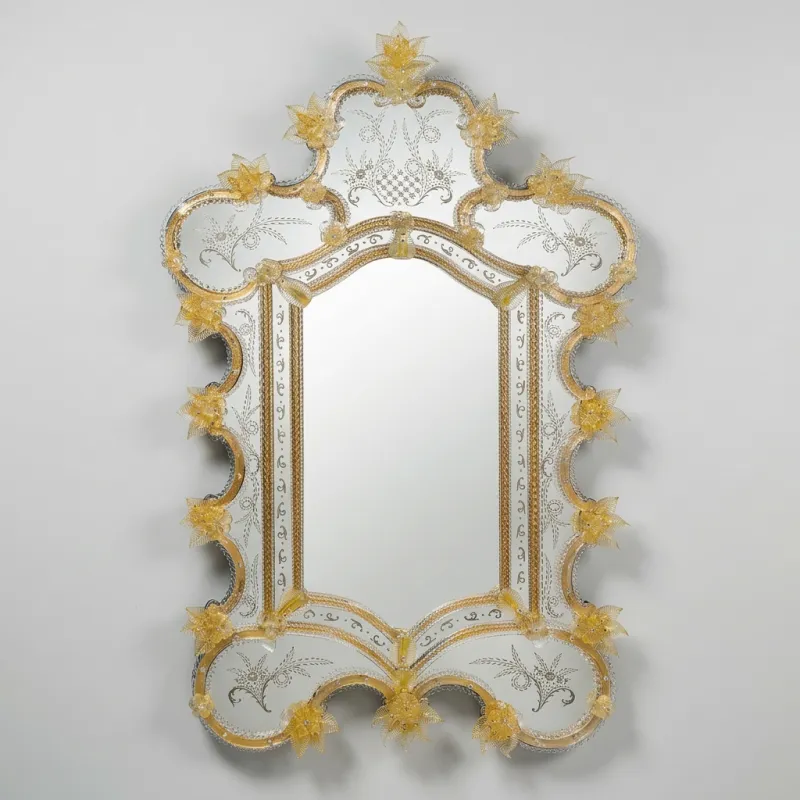 Luxury Venetian Style Baroque Wall Mirror with Champagne Gold Ornate Glass Floral Accents Front View by Luxury Group International