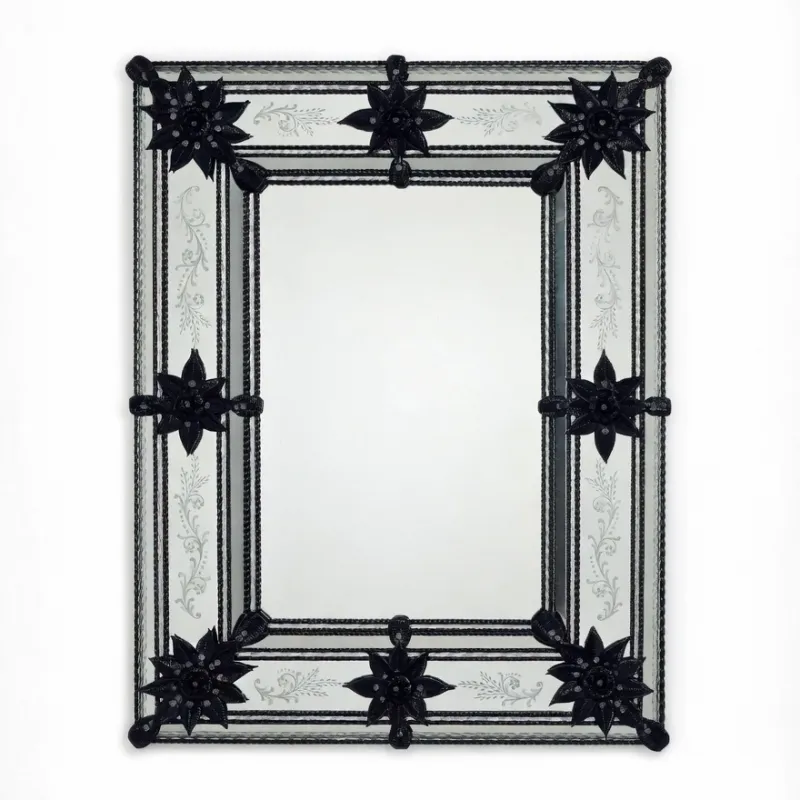 Luxury Venetian Style Black Glass Wall Mirror with Floral Etched Frame & Starburst Accents Front View by Luxury Group International