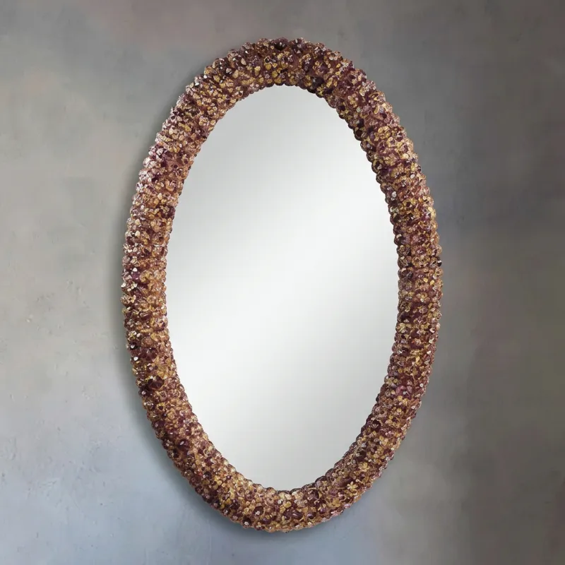 Luxury Venetian Style Oval Wall Mirror with Handcrafted Amethyst Rosette Glass Frame Front View by Luxury Group International
