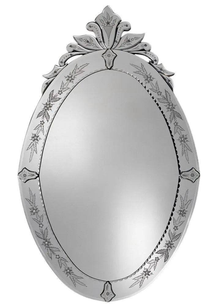 Miroir Mural Ovale de Style Vénitien de Luxe avec Cadre Baroque Argenté Gravé de Fleurs & Couronne Ornée Vue de face par Luxury Group International