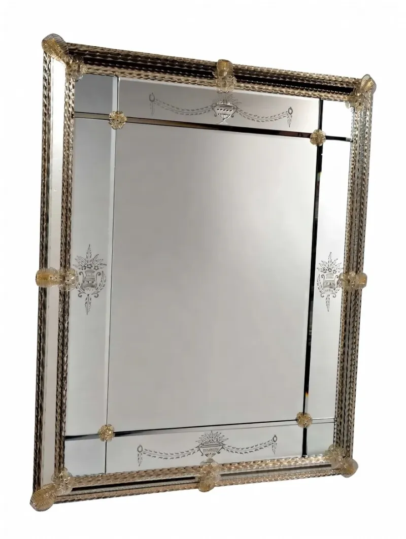 Luxury Venetian Style Rectangular Baroque Glass Wall Mirror with Hand-Etched Floral Detailing Front View by Luxury Group International