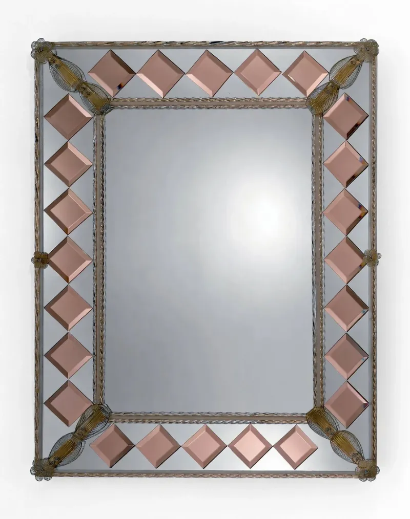 Luxury Venetian Style Rectangular Glass Wall Mirror with Pink Diamond Bevelled Accents Front View by Luxury Group International