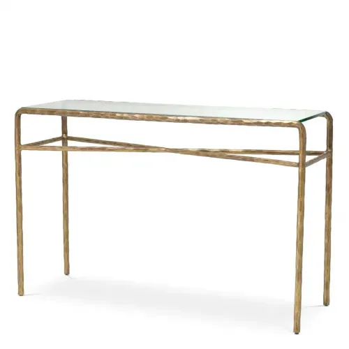 Luxury Vintage Brass Finish Clear Glass Console Table Front View by Luxury Group International