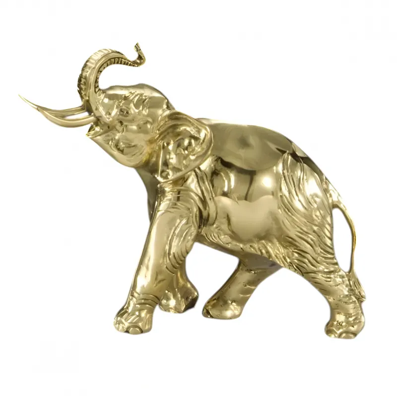 Luxus Bronze Skulptur eines laufenden Elefanten mit erhobenem Rüssel in polierter goldbronzenem Finish Vorderansicht von Luxury Group International