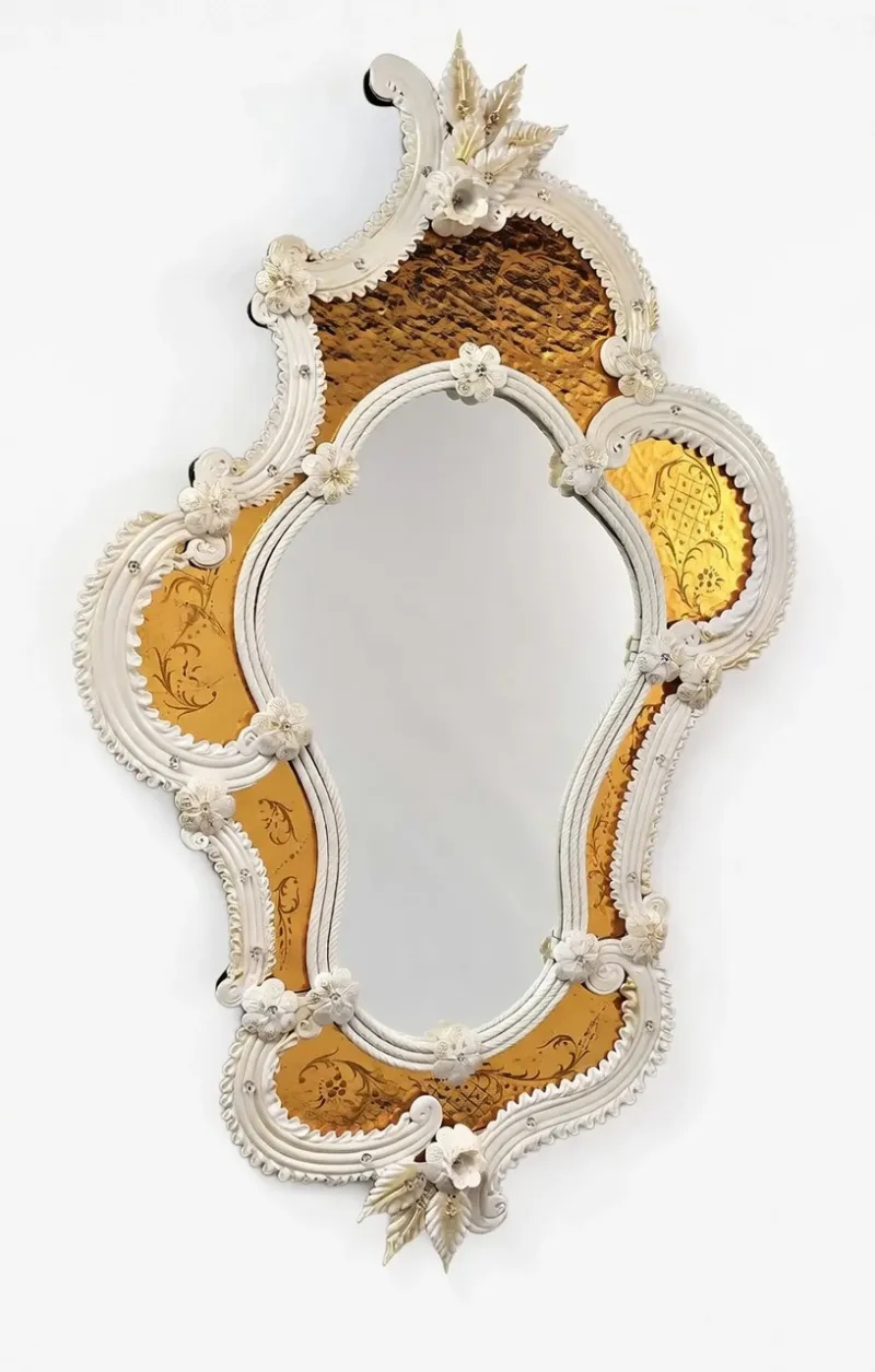 Luxury Wall Mirror in Amber Gold Etched Glass Panels with Sculptural White Baroque Detailing Front View by Luxury Group International