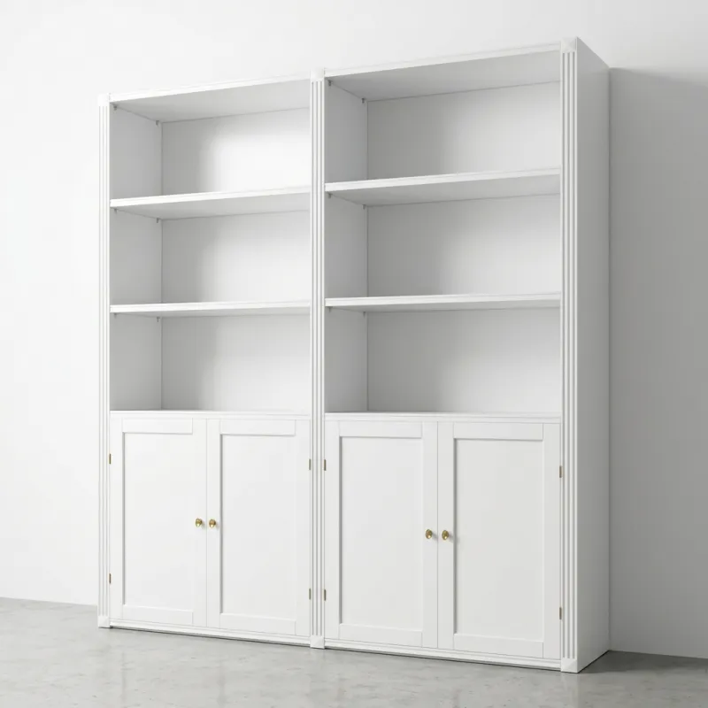 Luxury White Bookcase with Four-Door Storage Cabinet and Open Display Shelving Front View by Luxury Group International