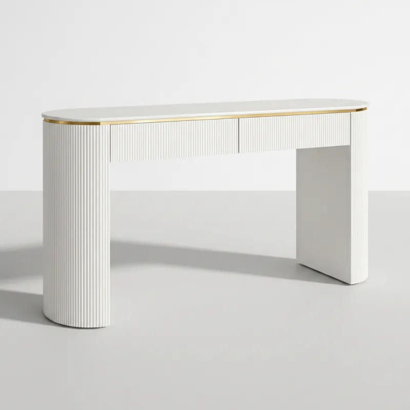 Luxury White Fluted Console Table with Two Push-Pull Drawers in Brushed Gold Accents Front View by Luxury Group International