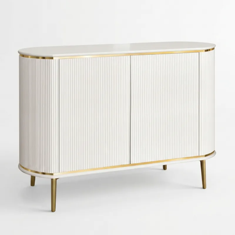 Luxury White Fluted Sideboard with Double Door Storage Cabinet in Brushed Gold Accents Front View by Luxury Group International