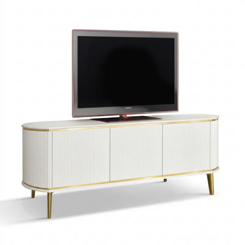 Luxury White Fluted TV Stand with Three Push-Pull Doors in Brushed Gold Detailing Front View by Luxury Group International