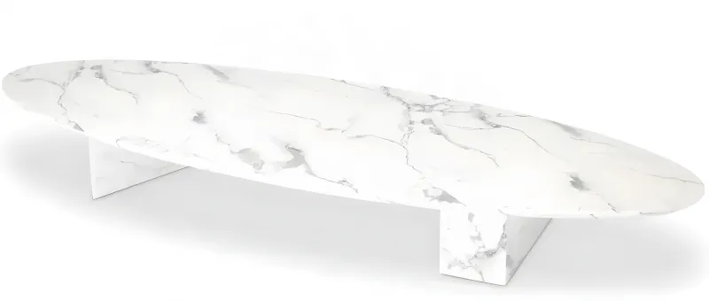 Luxury White Marble Long Oval Coffee Table with Sculptural Stone Base - Luxury Coffee Table Front View by Luxury Group International