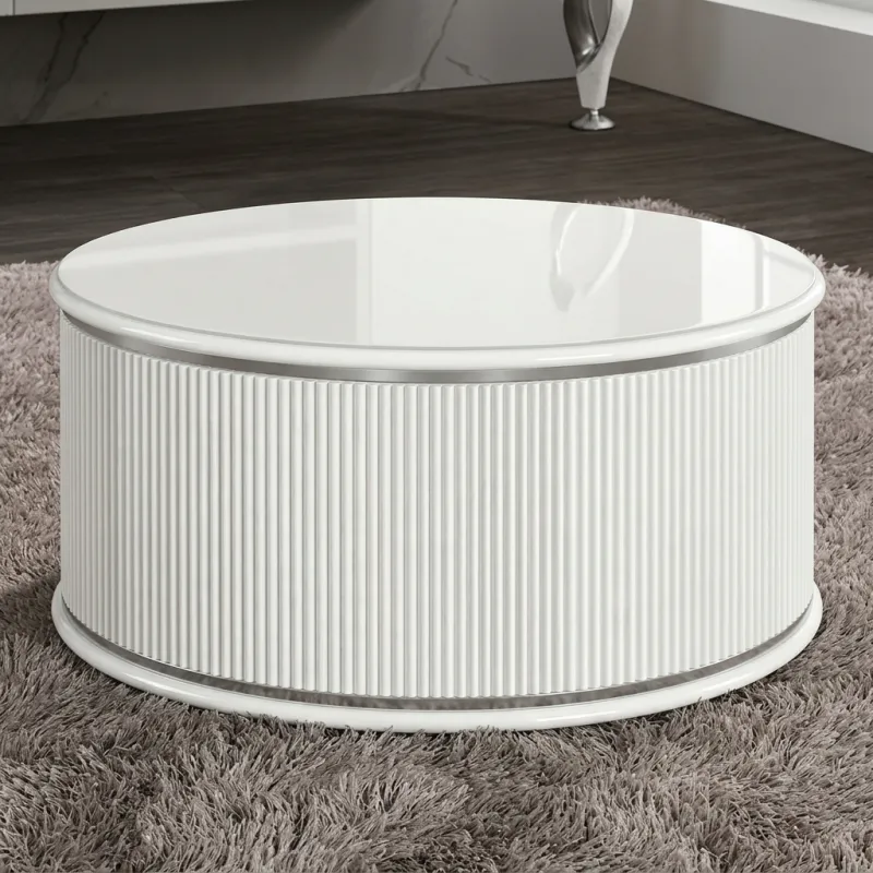 Luxury White Round Coffee Table with Fluted Pedestal Base in Gold & Silver Accent Variations by Luxury Group International