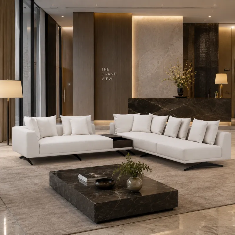 Canapé d'angle blanc de luxe avec table d'appoint intégrée et pieds en métal noir - Mobilier de luxe pour hôtels Vue lifestyle par Luxury Group International