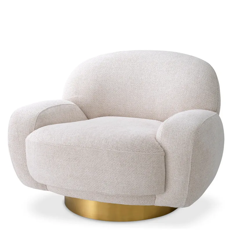 Luxury White Upholstered Armchair with Gold Base 95 cm – Luxury Hotel Furniture Front View by Luxury Group International