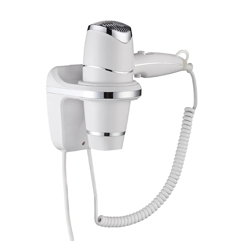 Luxury White Wall Mounted Hotel Hair Dryer with Push-Button Control & Chrome Detailing Front View by Luxury Group International