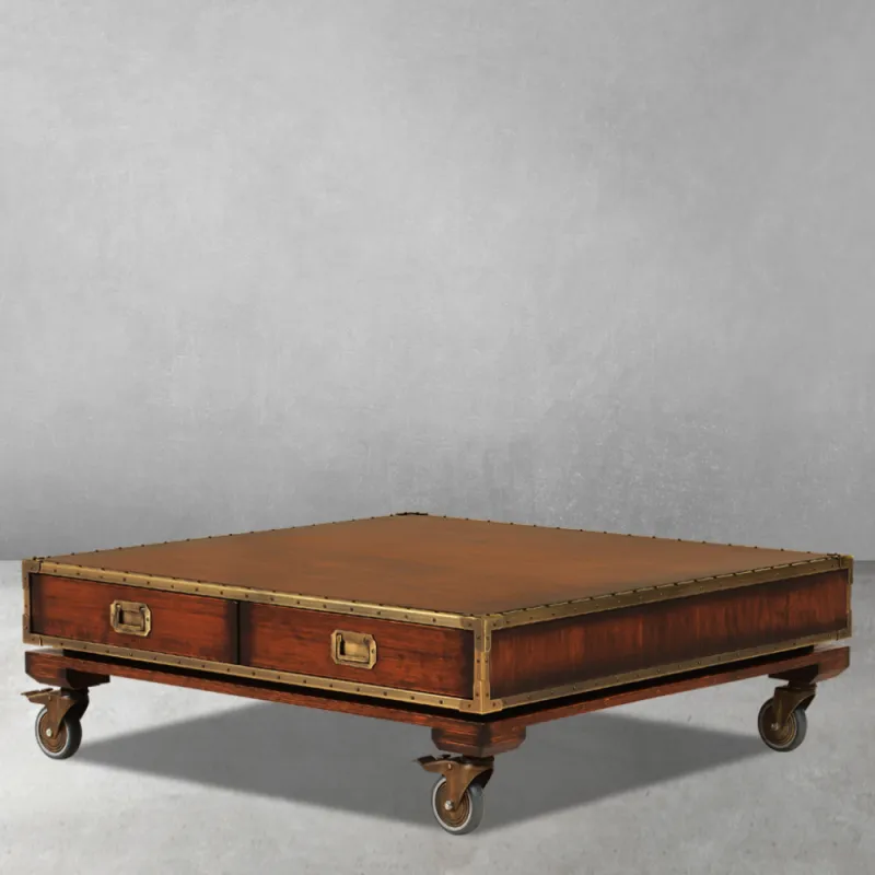 Luxury Wooden Coffee Table with Brass-Plated Wheels & Integrated Drawers - Luxury Coffee Table Front View by Luxury Group International