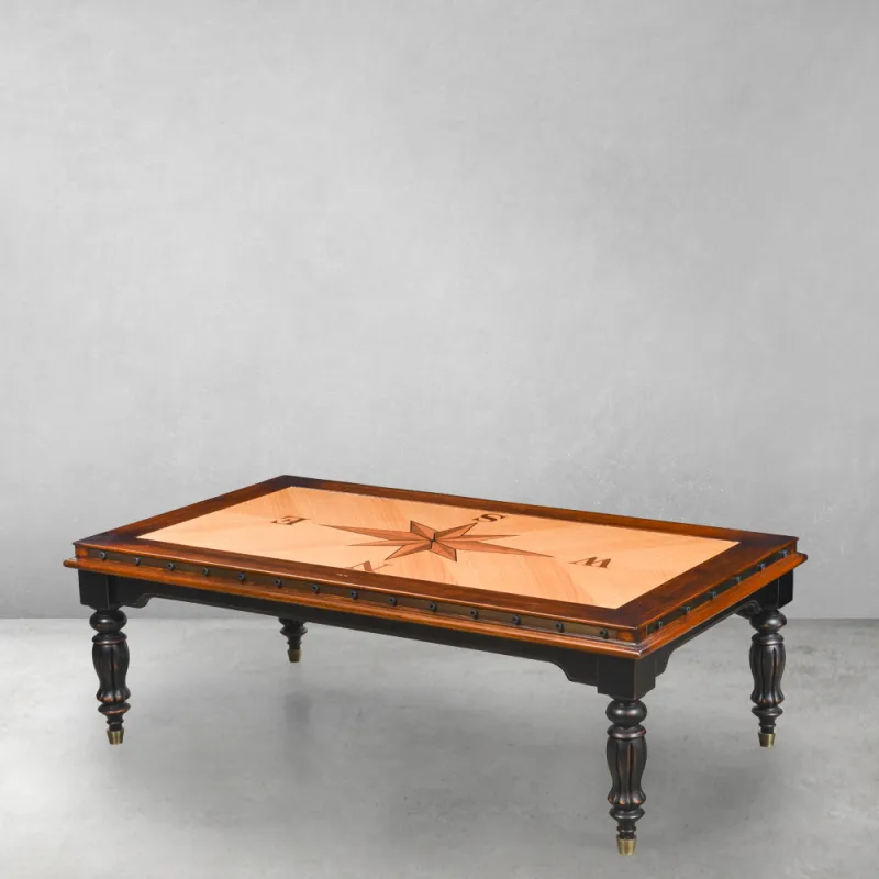 Luxury Wooden Compass Rose Marquetry Coffee Table with Black Turned Legs - Luxury Coffee Table Front View by Luxury Group International