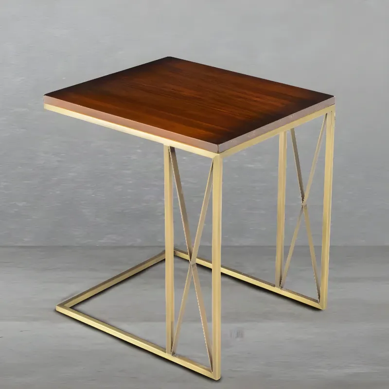 Luxury Wooden Side Table with Brass Geometric C-Frame Base - Luxury Side Table Front View by Luxury Group International