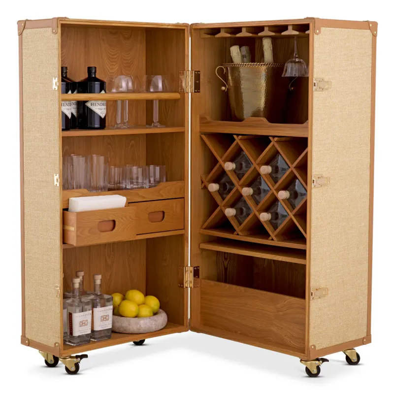 Luxus Holz-Koffer-Bar-Schrank mit Weinregal & Rollen – Luxus Hotelmöbel Vorderansicht von Luxury Group International