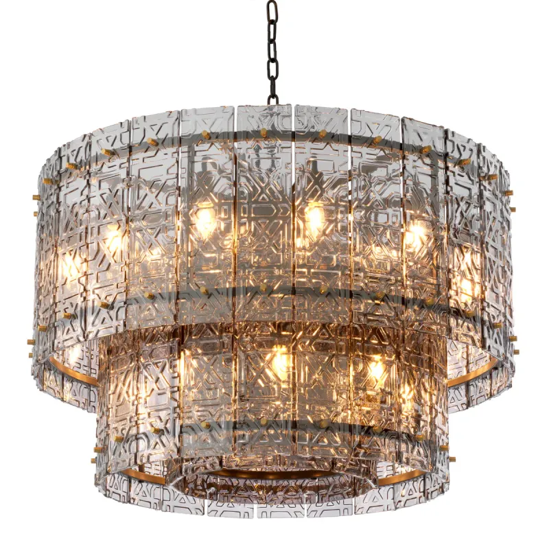 Modern Chandelier with Tiered Geometric Glass Panels and Golden Frame - Luxury Hotel Furniture Front View by Luxury Group International