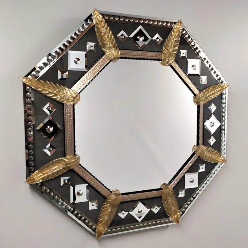 Octagonal Smoke Glass Baroque Luxury Wall Mirror with Gold Leaf Accents Front View by Luxury Group International