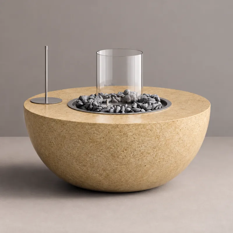 Table de foyer d'extérieur avec pare-vent en verre et brûleur en pierre - Mobilier de luxe pour hôtels par Luxury Group International