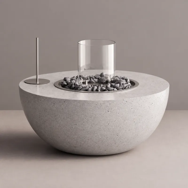 Table de foyer d'extérieur avec pare-vent en verre et brûleur en pierre - Mobilier de luxe pour hôtels par Luxury Group International