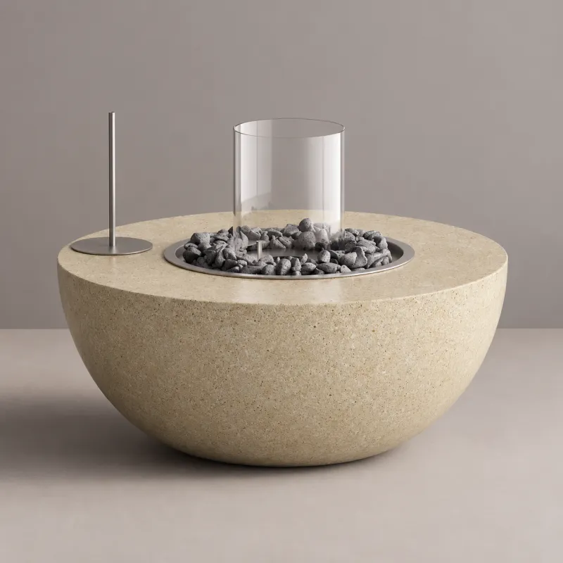Table de foyer d'extérieur avec pare-vent en verre et brûleur en pierre - Mobilier de luxe pour hôtels par Luxury Group International